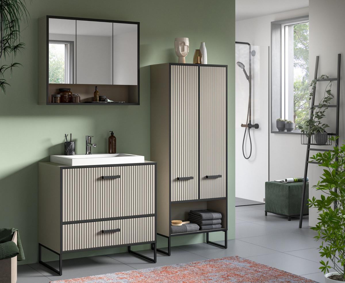 SPIEGELSCHRANK schwarz, sand 80 cm 3-türig, Badschrank mit Soft-Close - Sandfarben/Schwarz, Glas/Holzwerkstoff (80/68/19cm) - Inn.Furn