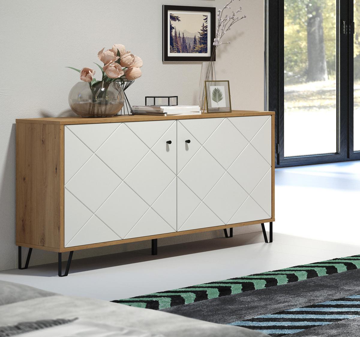 KOMMODE weiß matt mit Rautenoptik, Eiche Artisan 123 cm, Sideboard mit Soft-Close - Eichefarben/Schwarz, Holzwerkstoff/Kunststoff (123/76/40cm) - Top.Furn