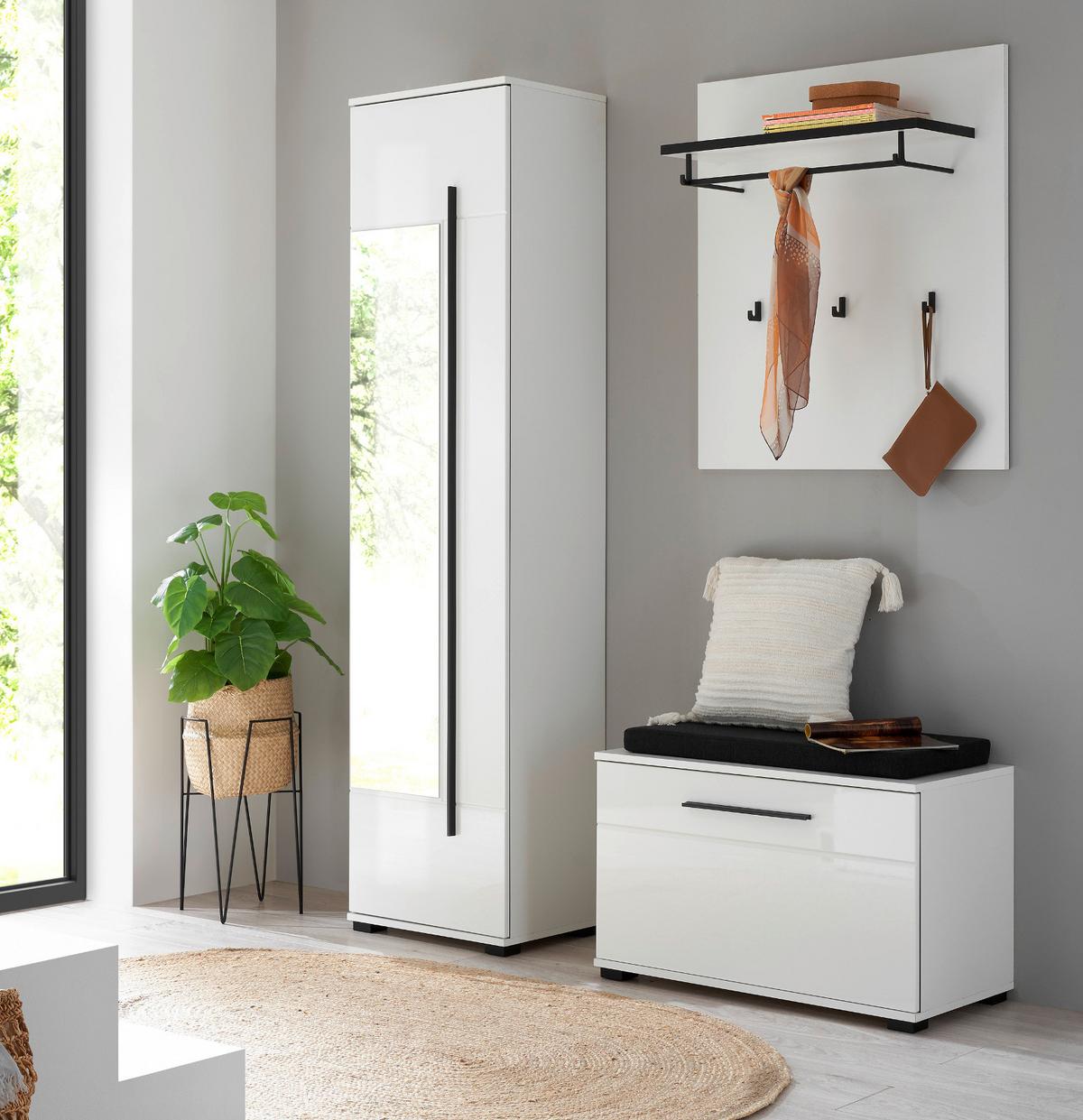 GARDEROBEN-SET weiß Hochglanz 4-teilig 140 cm, Flurgarderobe mit Spiegel - Dunkelgrau/Weiß Hochglanz, Glas/Holzwerkstoff (140/200/40cm) - Furn.Design