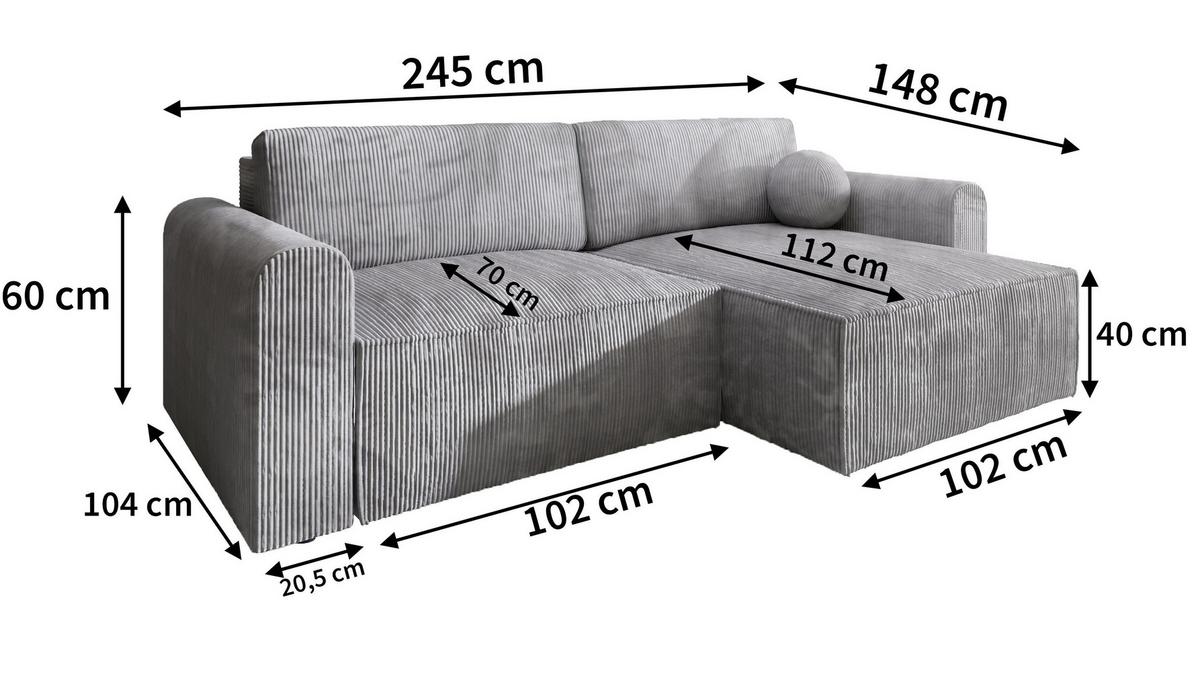 ECKSOFA FIANO P Graphitfarben Kordstoff mit Schlaffunktion - Graphitfarben/Grau, Holz/Kunststoff (245/148cm) - MASSENO
