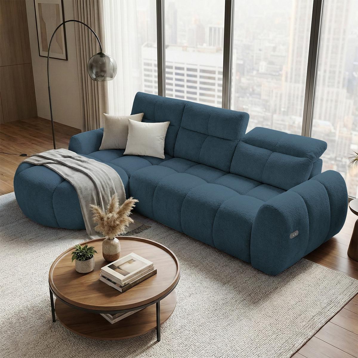 ECKSOFA Sorel Mini mit Automatisch verstellbarer Sitztiefe und Kopfstützen, links, Blau - Blau, Textil (190/275cm) - Beautysofa
