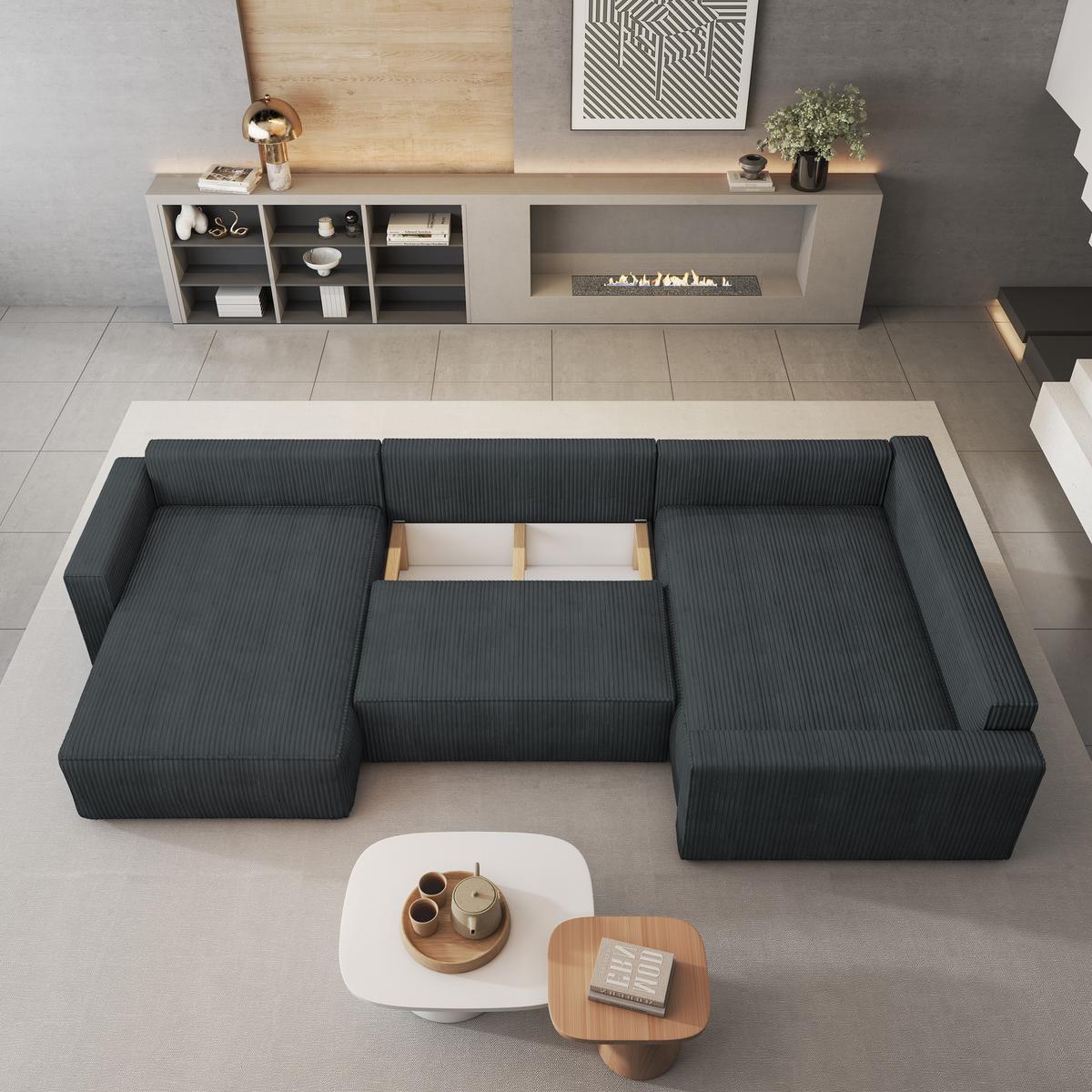 WOHNLANDSCHAFT VELAMI R-S Graphitfarben Kordstoff mit Schlaffunktion - Graphitfarben, Holz (365/83/194cm) - MASSENO