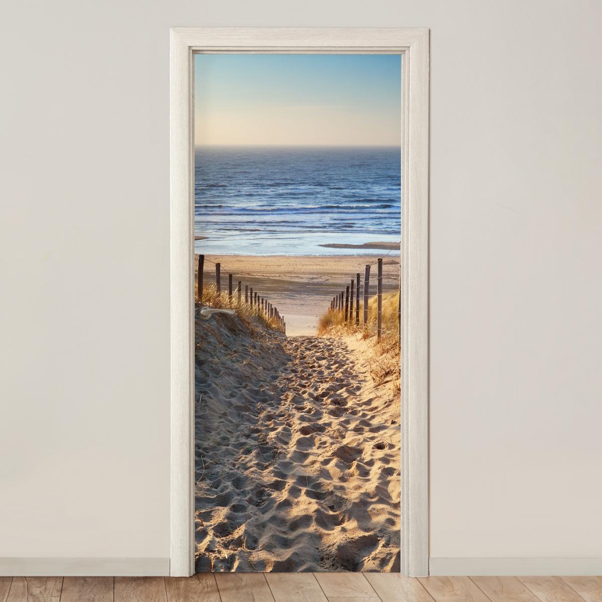 TÜRAUFKLEBER Strand - Meer - Niederlande - Dünen - Sonne Fototapete 75x205 cm - Türtapete - Blau, Kunststoff (75/0.1cm) - MuchoWow