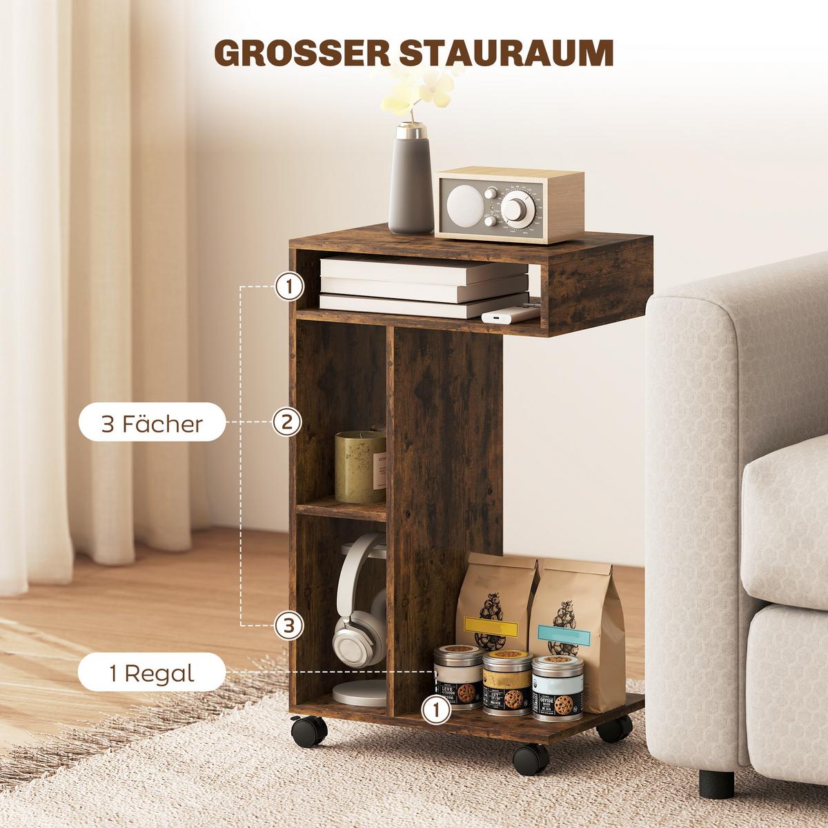 BEISTELLTISCH Couchtisch mit Rollen, 4 Regalen, Braun - Braun, Holzwerkstoff (40/30/69cm) - HOMCOM