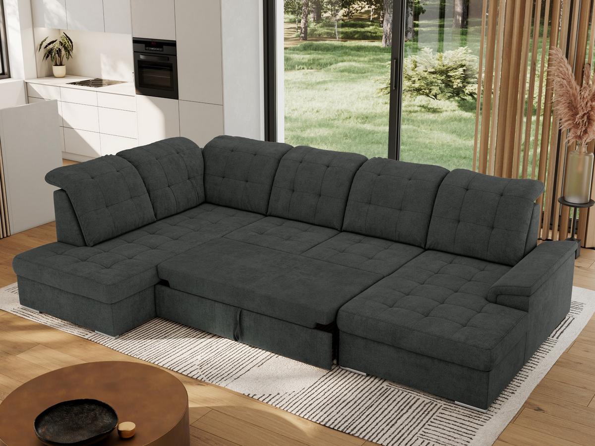 WOHNLANDSCHAFT MADRITO U - Dunkelgrau Struktur - Links - Dunkelgrau/Silberfarben, Textil/Metall (204/89/323cm) - MKS