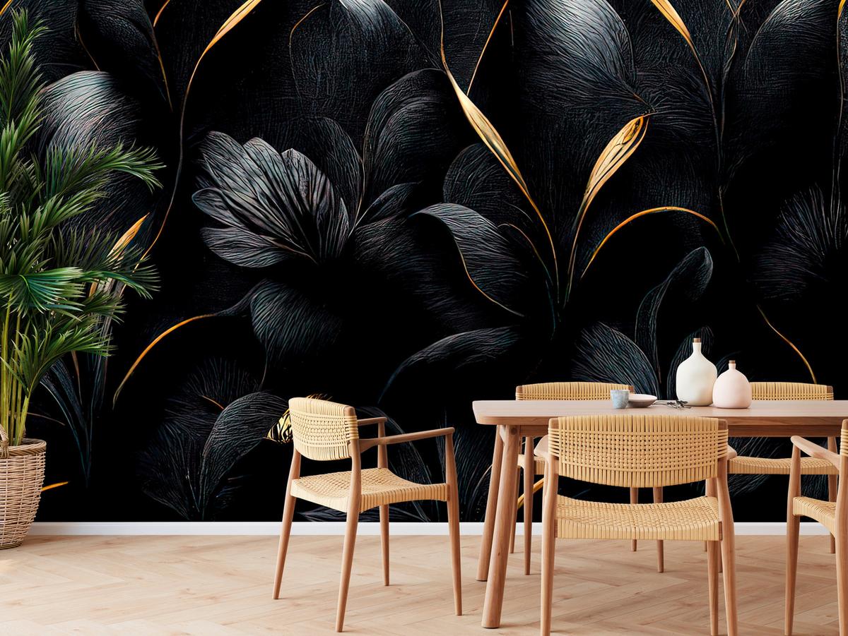 FOTOTAPETE für Wohnzimmer Schwarze Blätter Gold Luxus 100x70 - Goldfarben/Schwarz, Papier (100/70cm) - Muralo