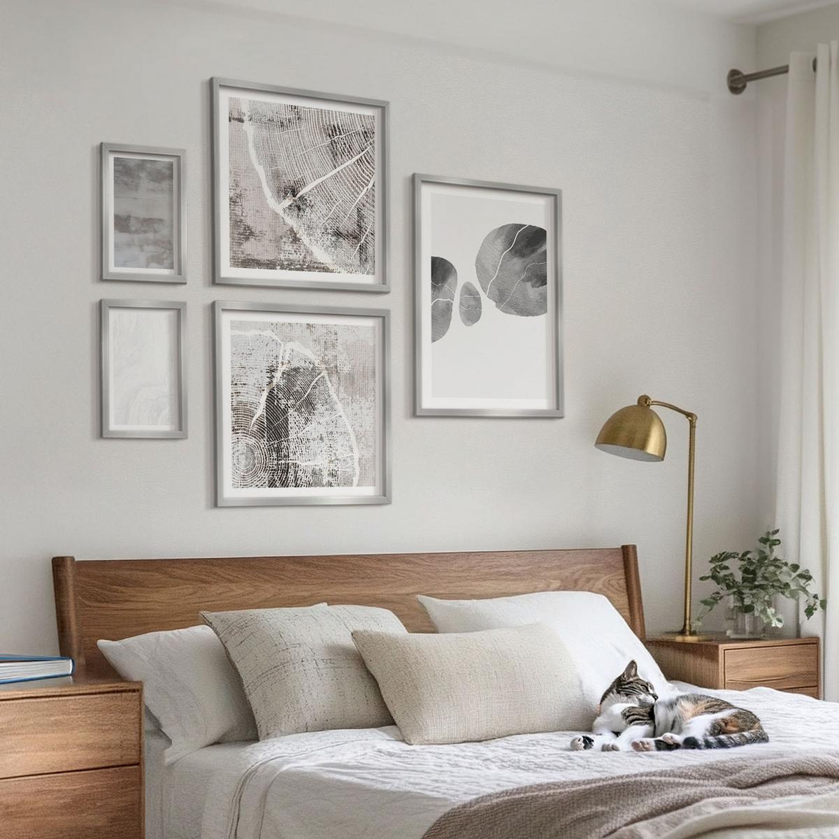 BILDER SET 5er Set - 50x50 cm & 20x30 cm & 40x60 cm Silberner Rahmen - Abstrakte moderne Formen - Silberfarben, Kunststoff (40/60cm) - TULUP