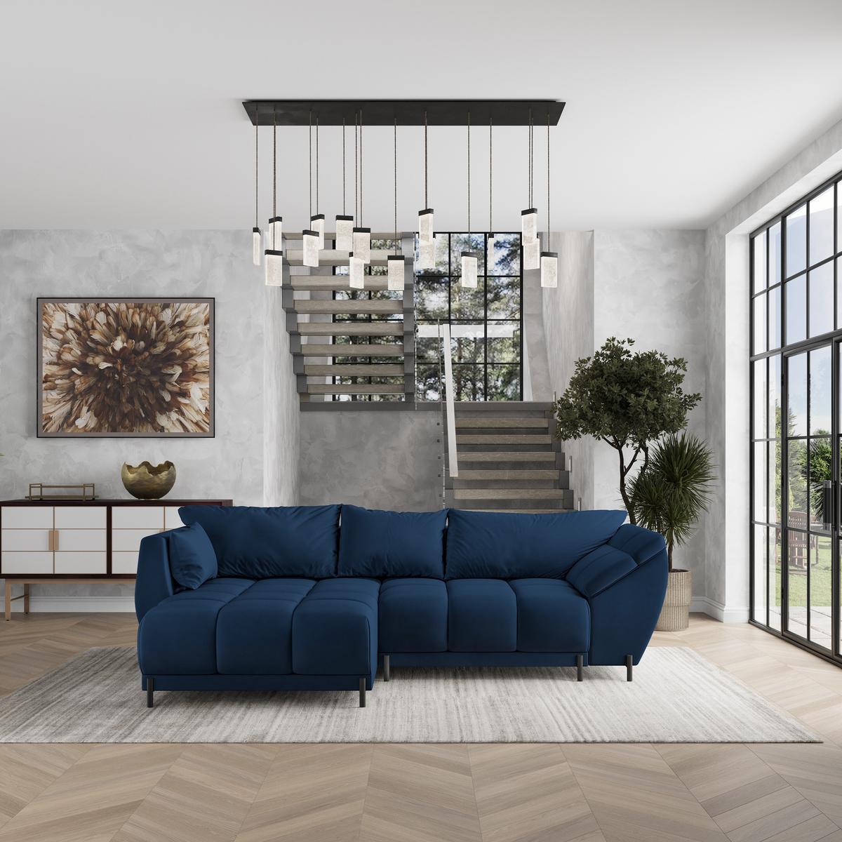 ECKSOFA VESTANO L-S Blau Velours-Stoff mit Schlaffunktion - Blau, Holz (287/182cm) - MASSENO