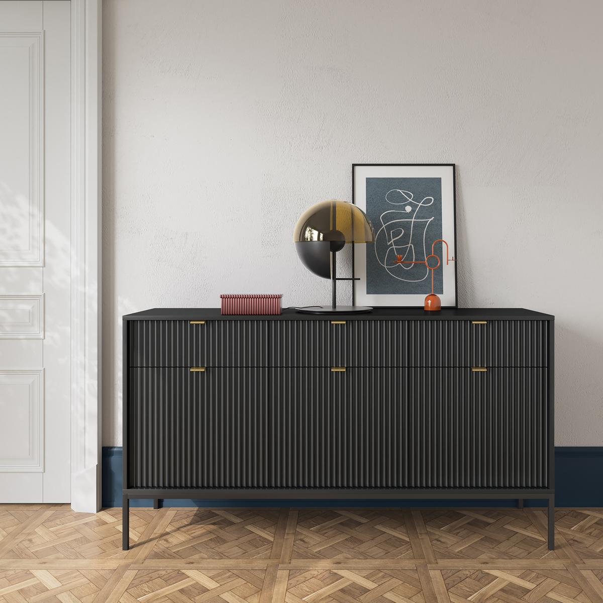 SIDEBOARD STELLARE 154/83/39 cm mit 3 Schubladen 3 Türen Schwarz - Schwarz, Holzwerkstoff (154/83/39cm) - MASSENO