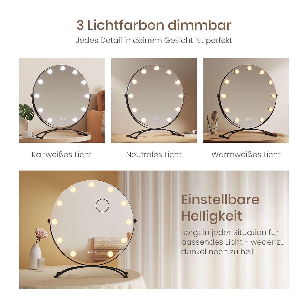 SCHMINKSPIEGEL Runder mit Beleuchtung Schwarz 58/51/2,1 cm - Schwarz, Glas/Metall (50/58/2.1cm) - EMKE