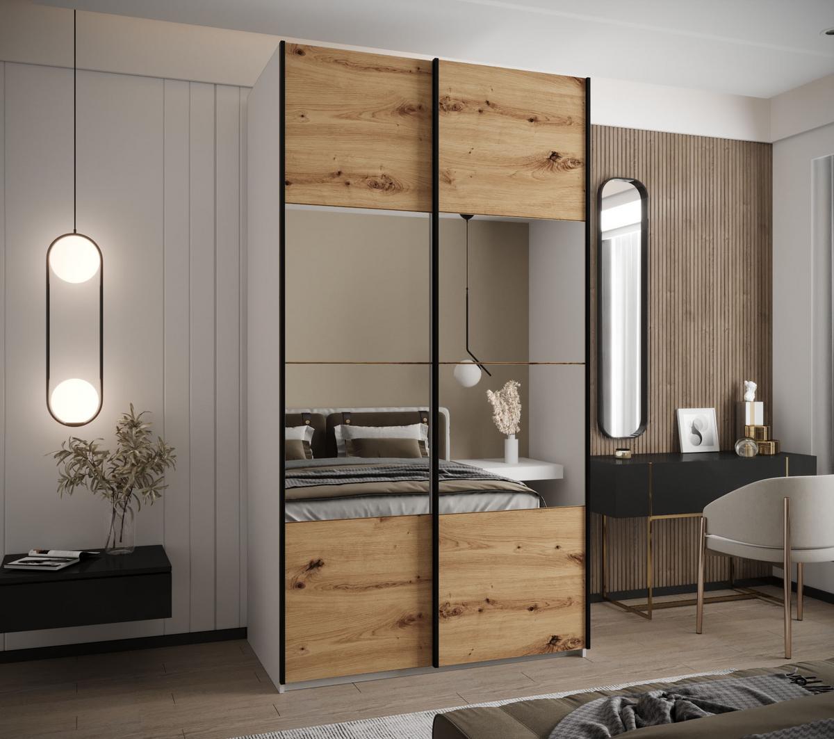 SCHWEBETÜRENSCHRANK 245,5/130/64 2-türig - Schwarz/Eiche Artisan, Holz/Metall (130/245/64cm) - Abiks Möbel