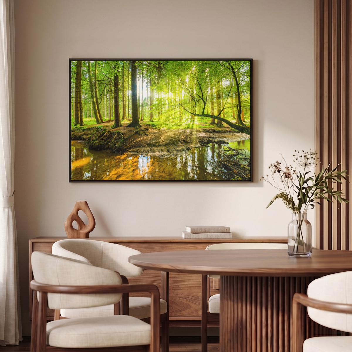 LEINWAND Bilder mit Rahmen - Wald - Landschaft - Wasser - Bäume - Sonne - Grün - Natur - 90x60 - Grün, Textil (90/60cm) - MuchoWow
