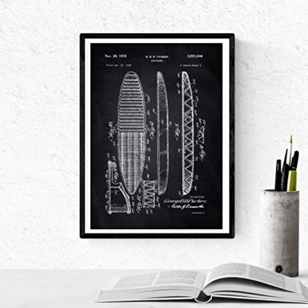 POSTER Set mit 4 Schwarz PATENTEN SURF A4 Schwarzer Rahmen - Schwarz, Papier (29.7/3cm) - Nacnic