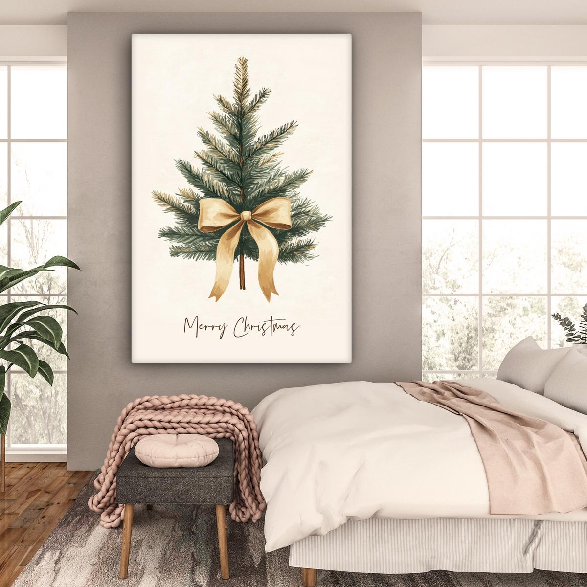 LEINWANDBILD Weihnachtsbaum - Weihnachten - Frohe Weihnachten - Beige Deko Groß 90x140 cm - Sandfarben, Textil (90/140cm) - MuchoWow