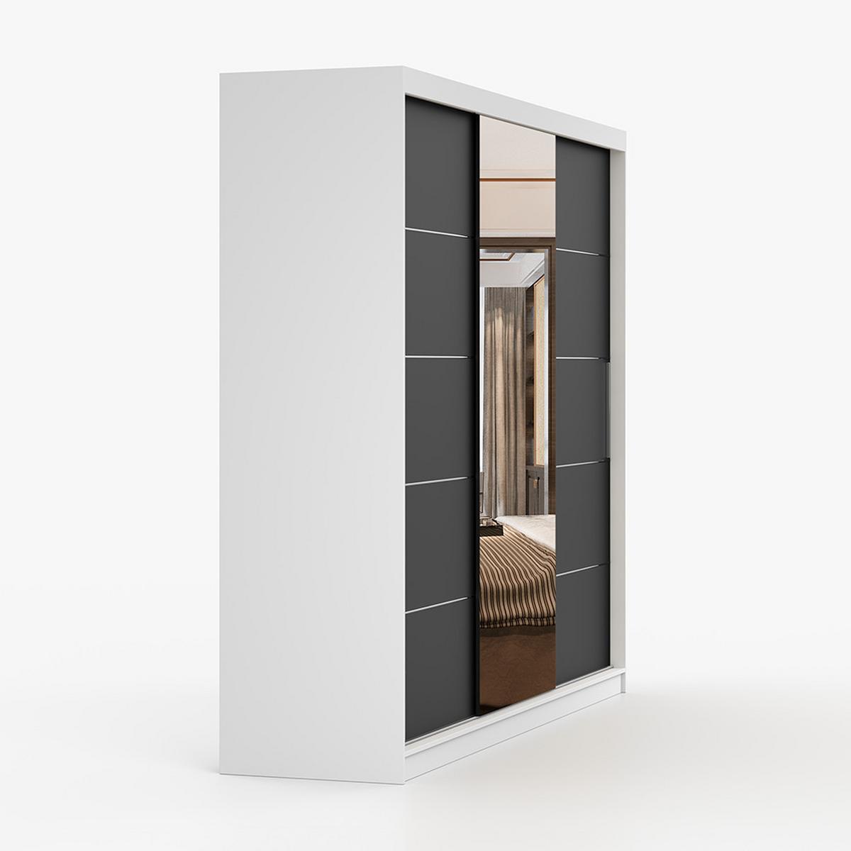 SCHWEBETÜRENSCHRANK ALBA Weiß, Schwarz + Spiegel, ohne LED Beleuchtung 250 cm - Schwarz/Alufarben, Glas/Holzwerkstoff (250/218/61cm) - imoebel24