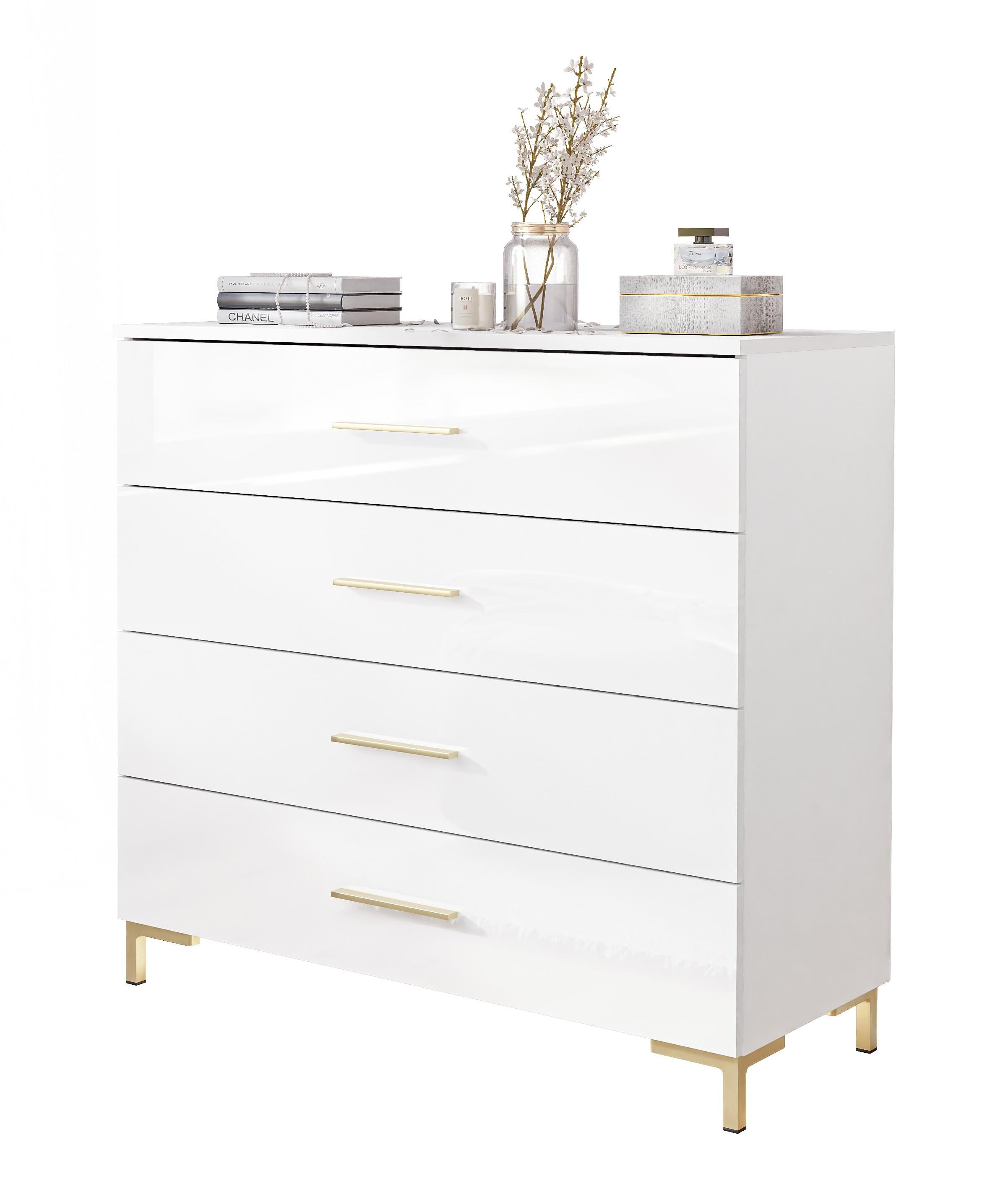 KOMMODE LINA GOLD mit goldenen Griffen und Beinen LED - Weiß, Holzwerkstoff (95/86/40cm) - Lookway