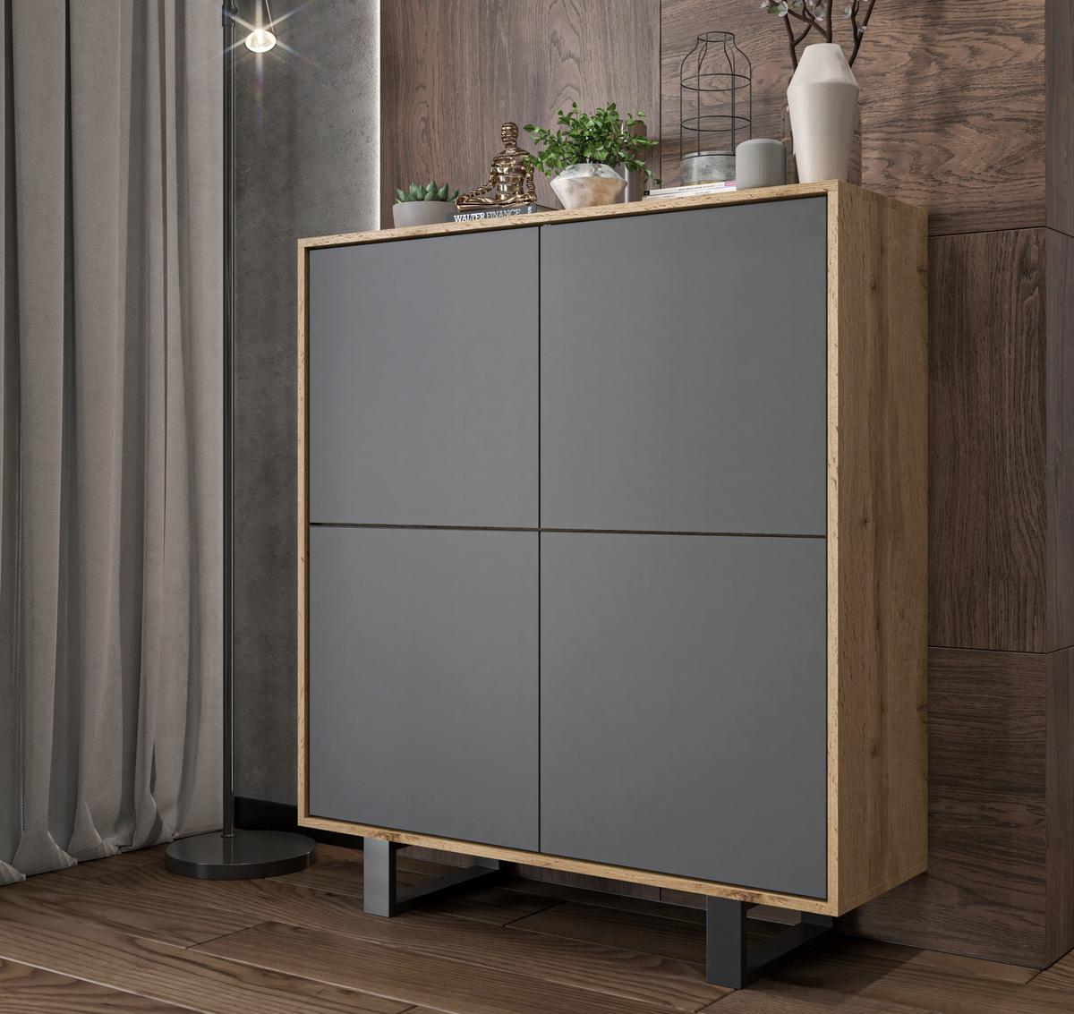 KOMMODE Apollo 4D Eiche wotan Graphit Matt 113/127/35 cm - Graphitfarben/Schwarz, Holzwerkstoff/Metall (113/127/35cm) - Meble Lindner