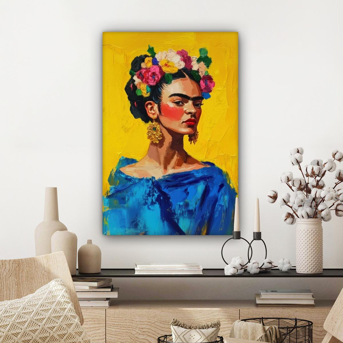 LEINWANDBILD Frida Kahlo - Frau - Gelb - Blau - Blumen Wanddeko 40x60 cm - Gelb, Textil (40/60cm) - MuchoWow