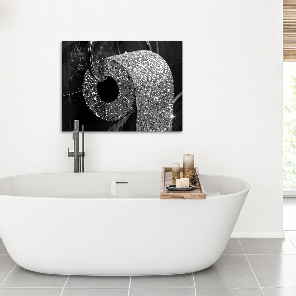 LEINWANDBILD WC - Toilettenpapier - Schwarz und weiß - Glitter Wanddeko Schlafzimmer 70x50 cm - Silberfarben, Textil (70/50cm) - MuchoWow