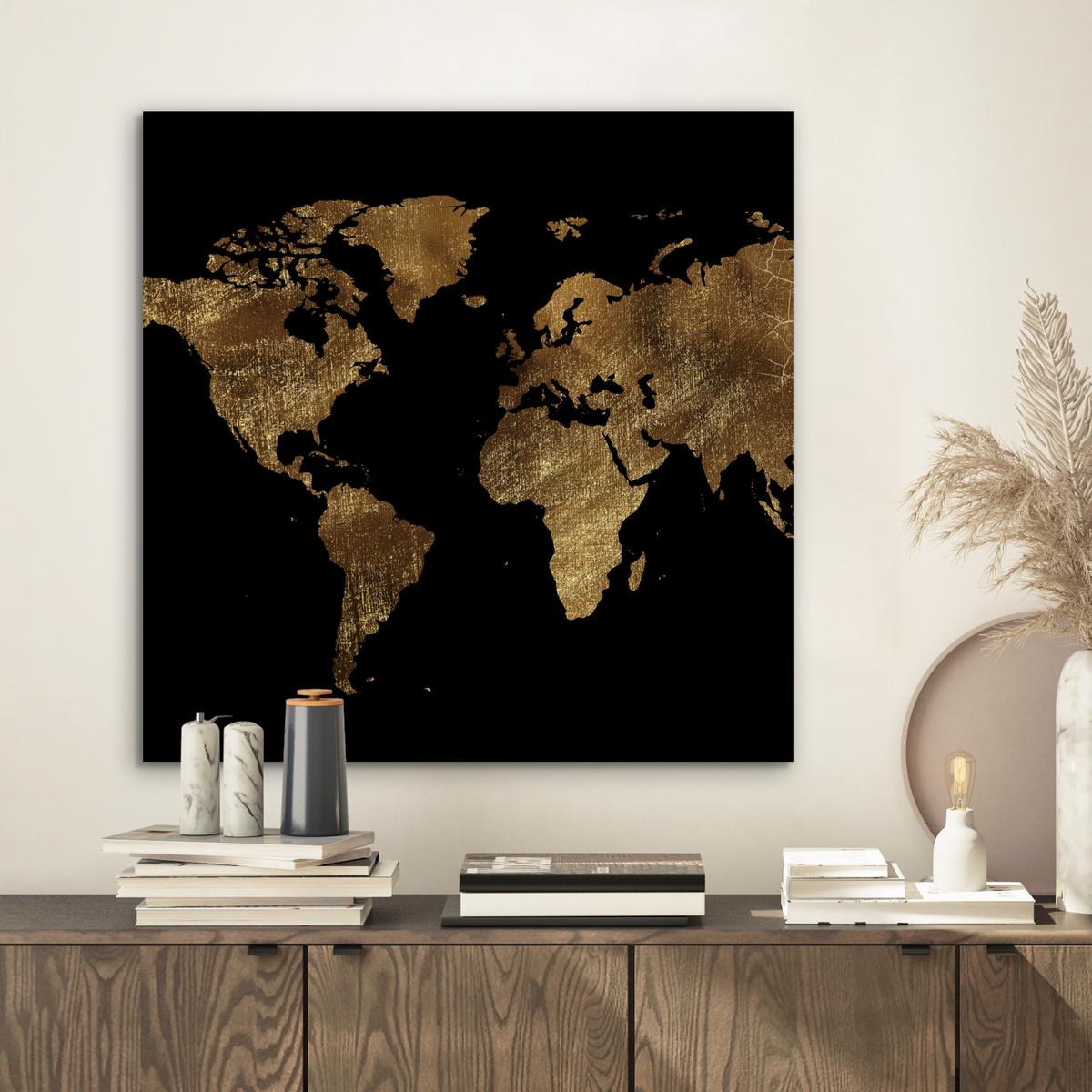 METALLBILD Weltkarte - Gold - Luxus - Erde - Schwarz 50x50 cm - Goldfarben, Metall (50/50cm) - MuchoWow