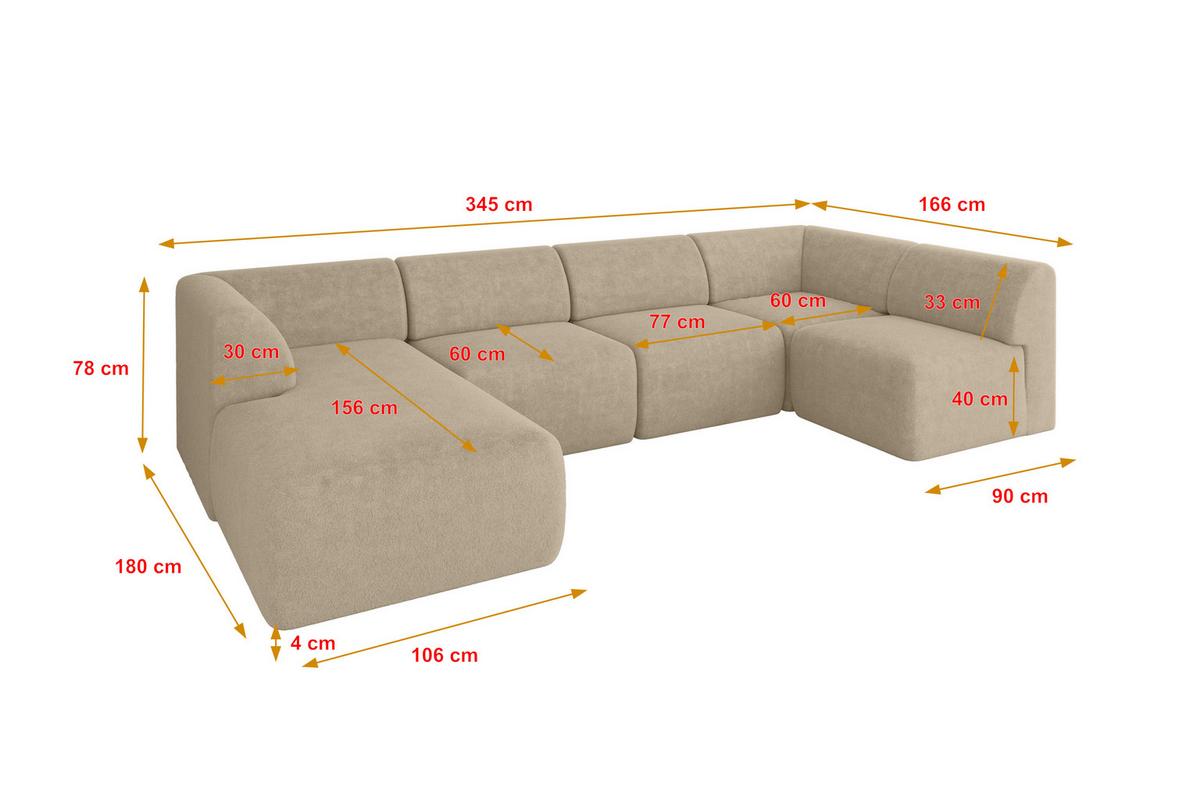 WOHNLANDSCHAFT Ottomane Links MOVO-L 345x180x78 cm Creme Tissu - Klar, Holzwerkstoff/Kunststoff (345/78/180cm) - ALTDECOR