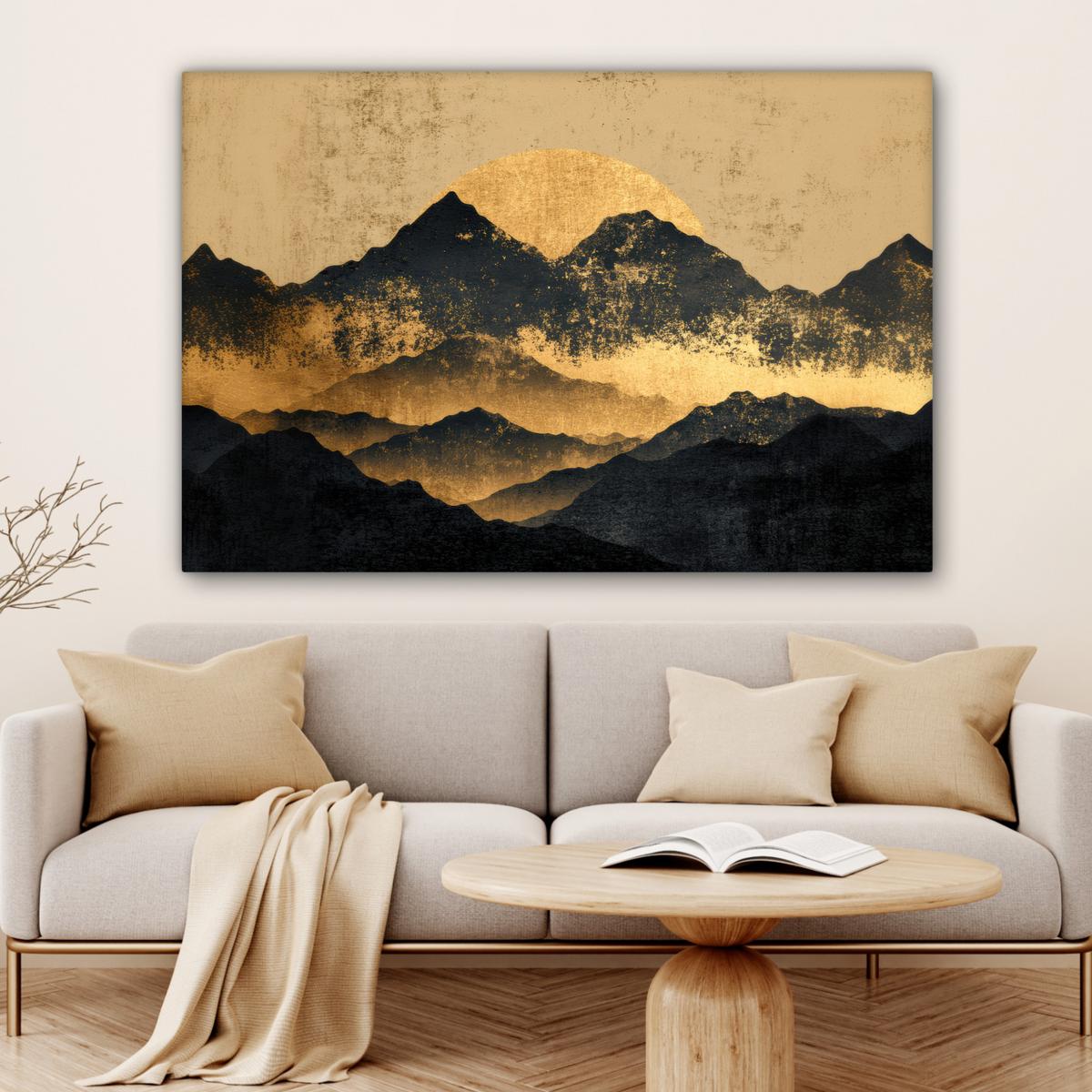 LEINWANDBILD Goldene Berge bei Mondschein Wohnzimmer Groß 120x80 cm - Goldfarben, Textil (120/80cm) - MuchoWow