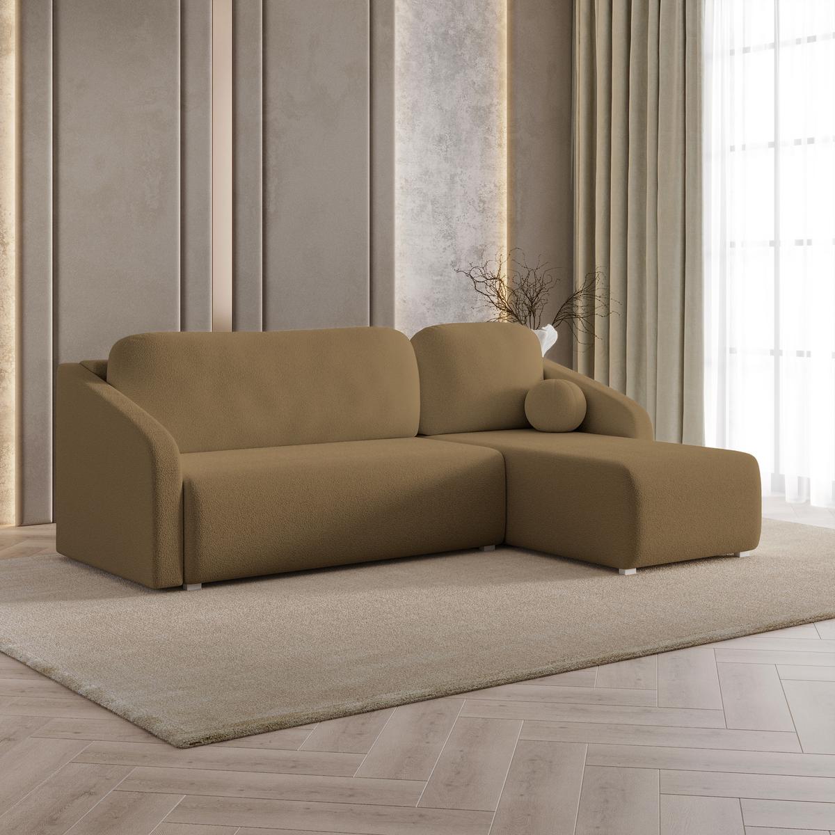 ECKSOFA MARELLO Orange Boucle-Stoff mit Schlaffunktion - Orange, Holz (220/143cm) - MASSENO