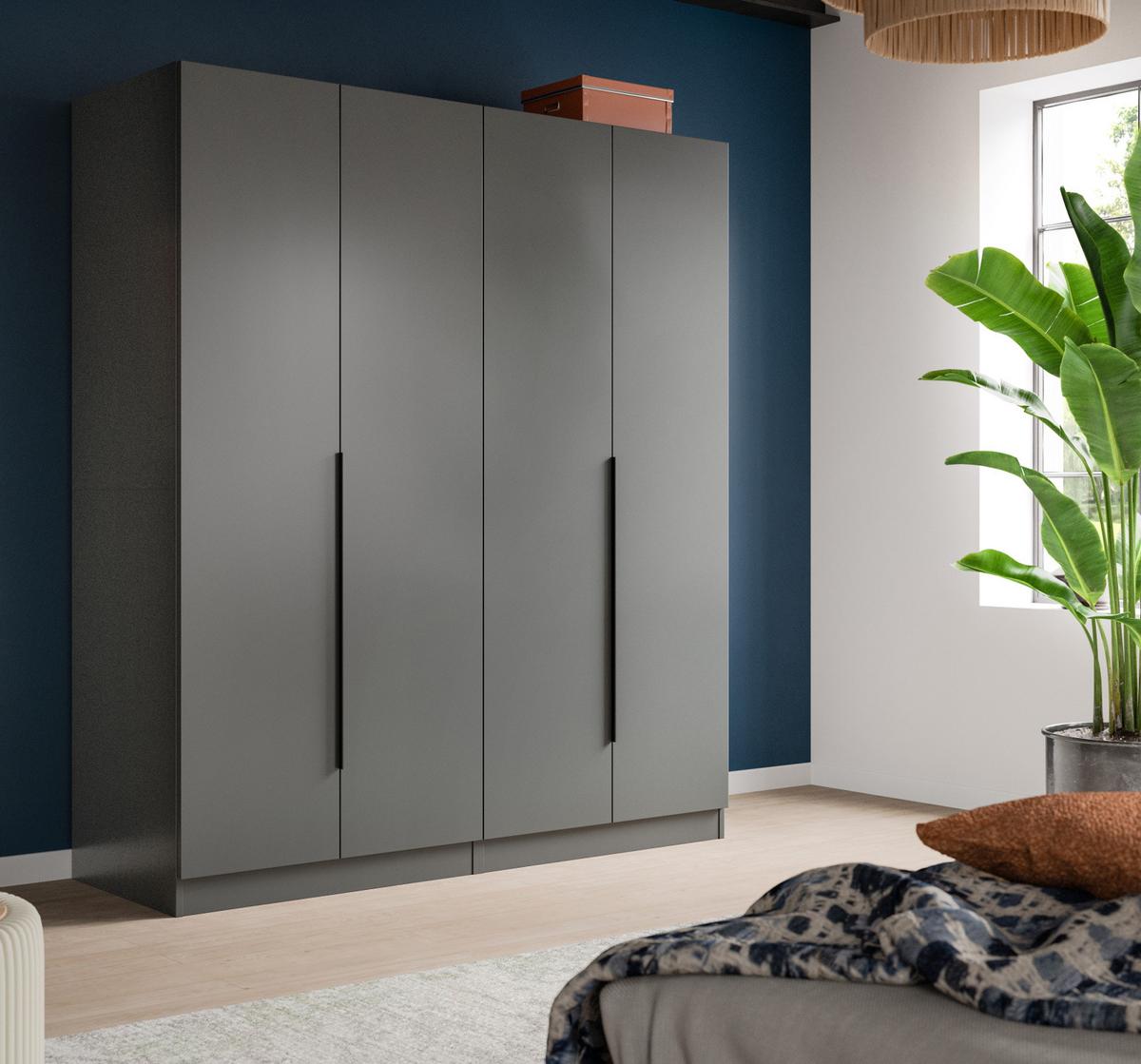 KLEIDERSCHRANK grau 4-türig 160 x 181 cm, Drehtürenschrank mit Kleiderstange - Schwarz/Grau, Holzwerkstoff/Kunststoff (160/181/52cm) - Inn.Furn