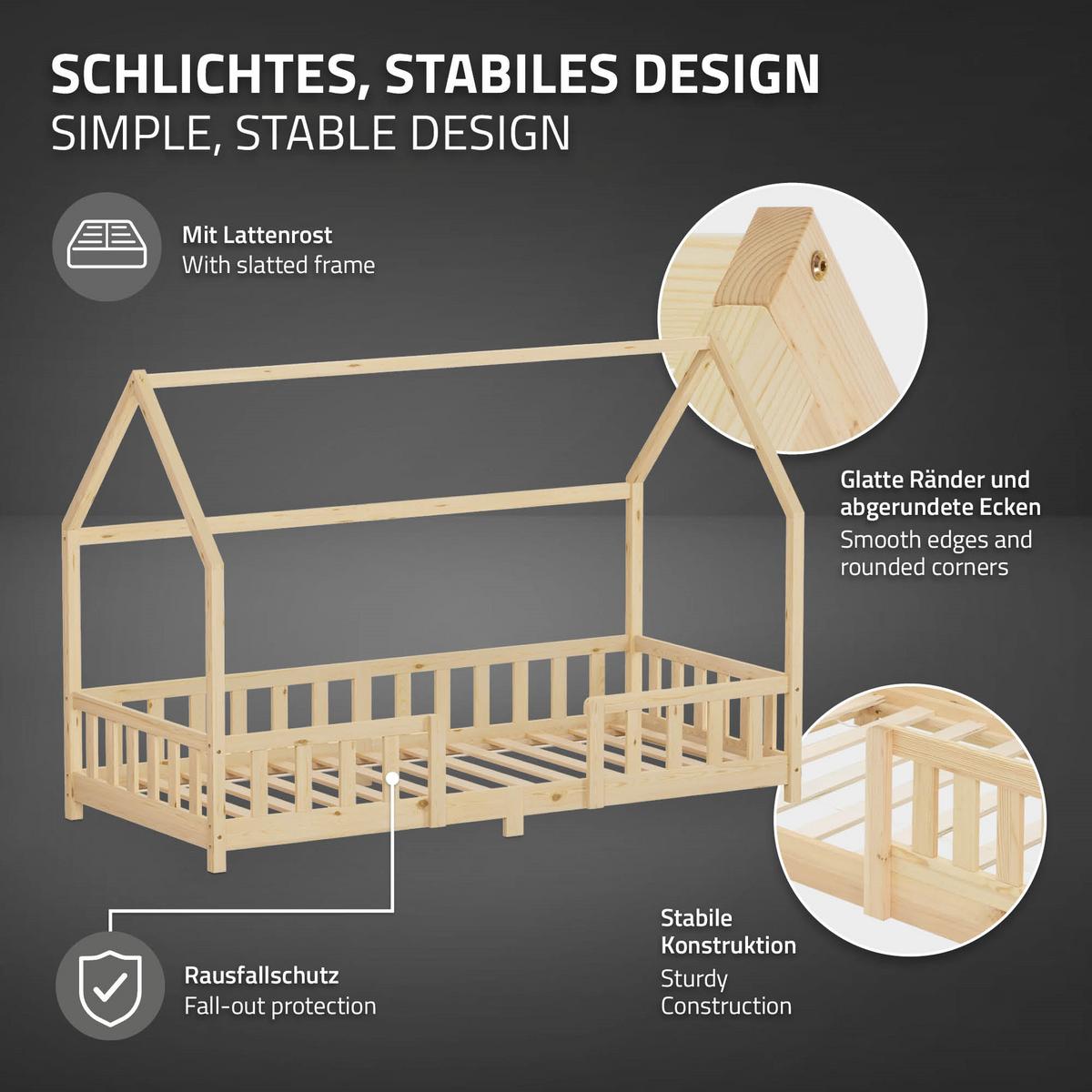 KINDERBETT 90x200 cm mit Matratze & Rausfallschutz Natur aus Kiefernholz - Naturfarben, Holz (90/200cm) - ML-DESIGN