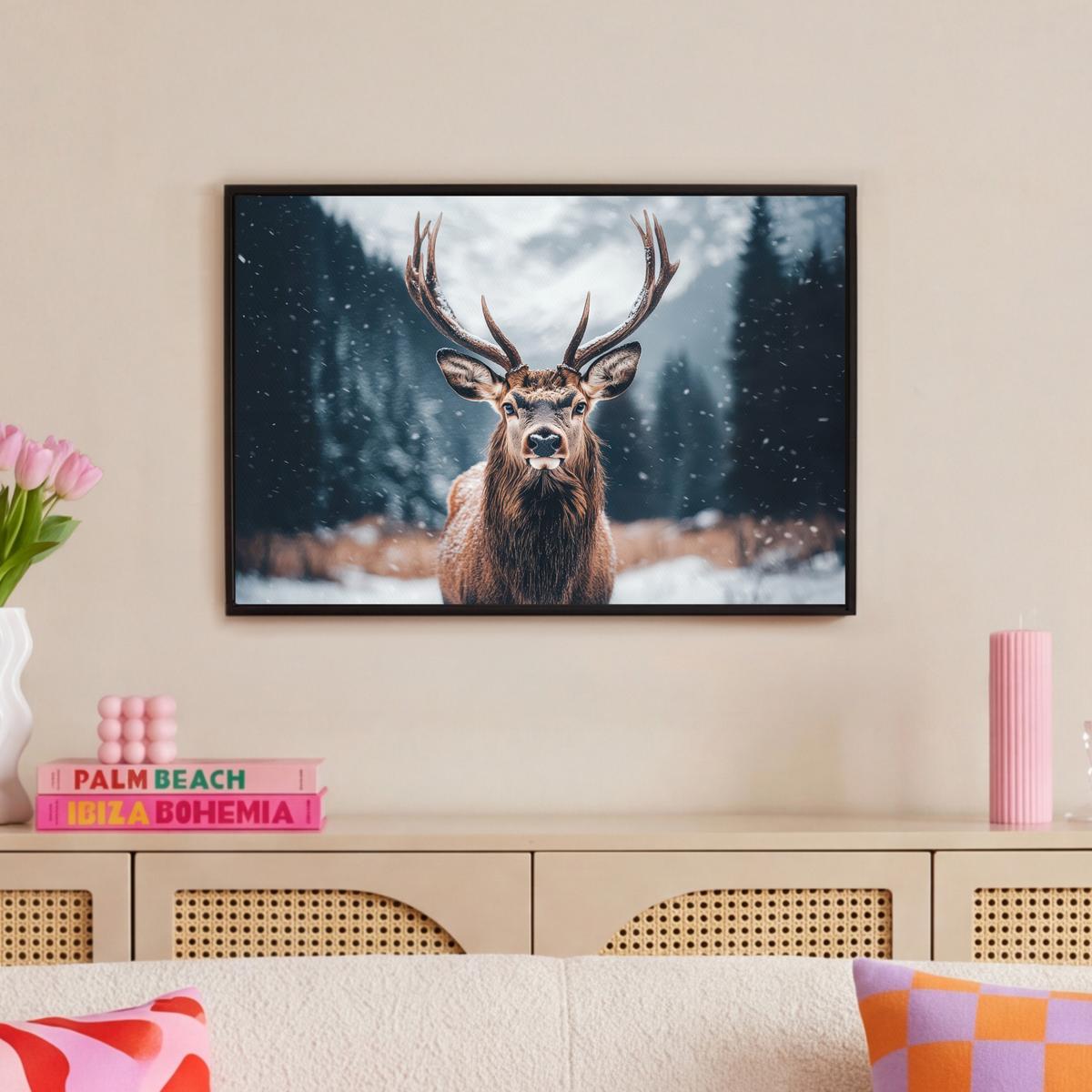LEINWAND Bilder mit Rahmen - Hirsche - Tiere - Landschaft - Winter - Schnee - 60x40 - Kastanienfarben, Textil (60/40cm) - MuchoWow