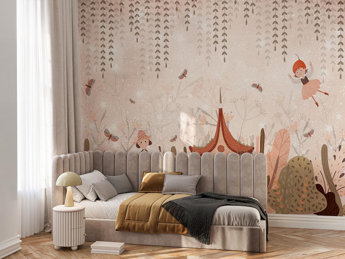 FOTOTAPETE für Kinderzimmer Feen Aquarell Wald Blumen Blätter Boho 250x175 - Beige/Orange, Papier (250/175cm) - Muralo