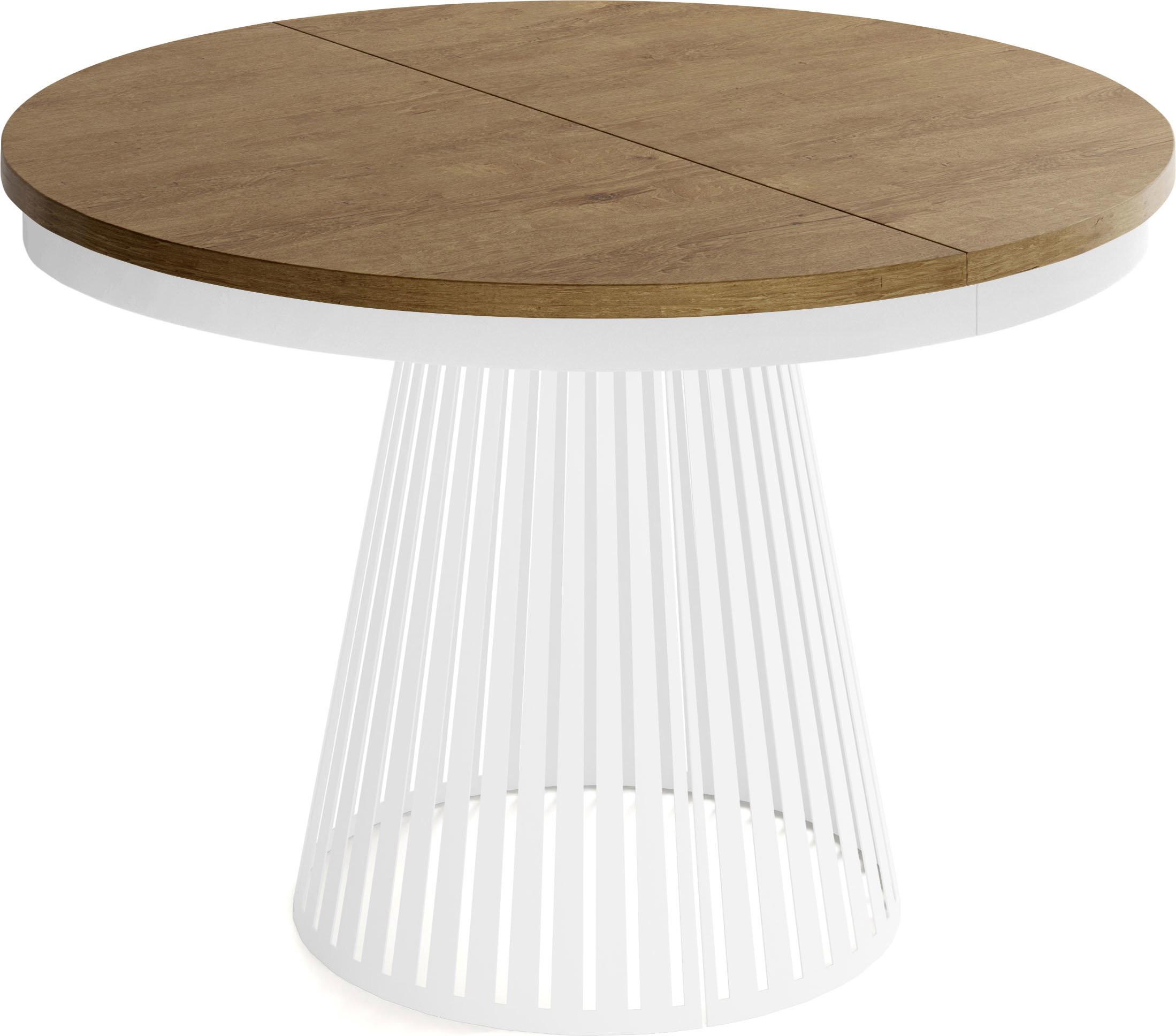 ESSTISCH Naro rund ausziehbar mit Weißem Lamellen-Metallgestell, Braun 120-200/120/76 cm - Alteiche/Weiß, Holzwerkstoff/Metall (120/196/76cm) - WFL GROUP