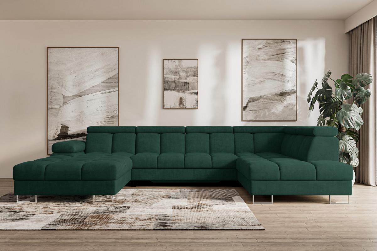 WOHNLANDSCHAFT mit Schlaffunktion und Bettkasten Ottomane RECHTS COMA U 345x203x79 Grün Velours - Grün, Holzwerkstoff/Textil (203/79/345cm) - ALTDECOR