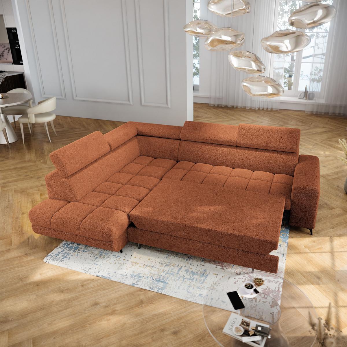 ECKSOFA MORIVA Q L-S Orange Boucle-Stoff mit Schlaffunktion - Orange, Holzwerkstoff/Textil (253/190cm) - MASSENO