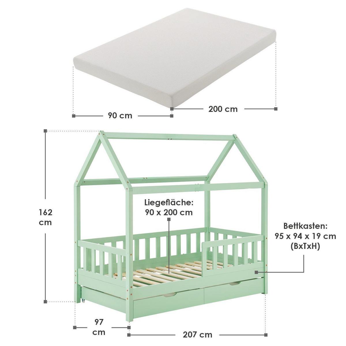 KINDERBETT Marli mit Matratze und Bettkasten mint 90x200 cm - Mintgrün, Holz (90/200cm) - Juskys