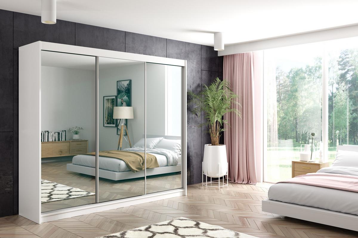 KLEIDERSCHRANK mit Spiegel-Schiebetüren und Aluminium-Leisten, LED-Beleuchtung - DEBI - 240 cm Weiß - Weiß, Holzwerkstoff (240/216/61cm) - ALTDECOR