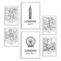 POSTER Set Mit 6 Drucke Von Uk 2 Von Karten In Schwarz Weiß A3 & A4 Weißer Rahmen - Weiß, Papier (29/3cm) - Nacnic