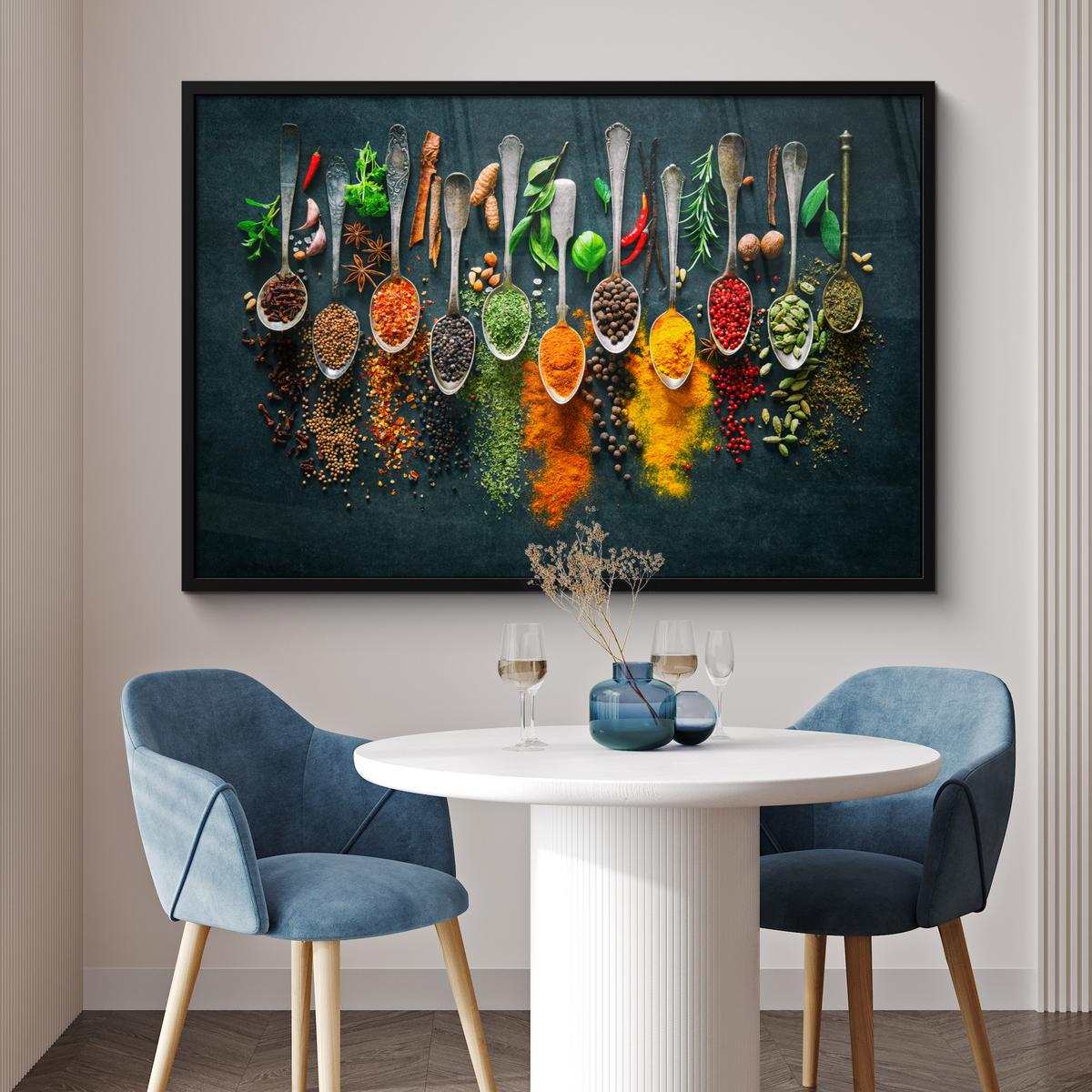 POSTER MIT RAHMENGERAHMTES BILD Kräuter - Gewürze - Löffel 120x80 cm - Currygelb, Papier (120/80cm) - MuchoWow