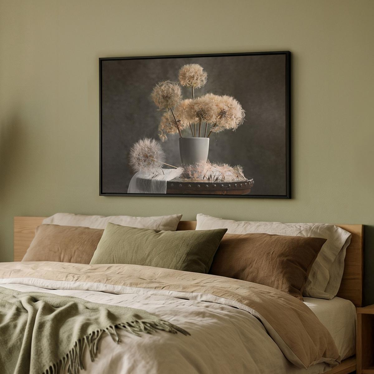 LEINWAND Bilder mit Rahmen - Blumensamen - Löwenzahn - Vase - Stilleben - Blumenstrauß - 70x50 - Dunkelgrau, Textil (70/50cm) - MuchoWow