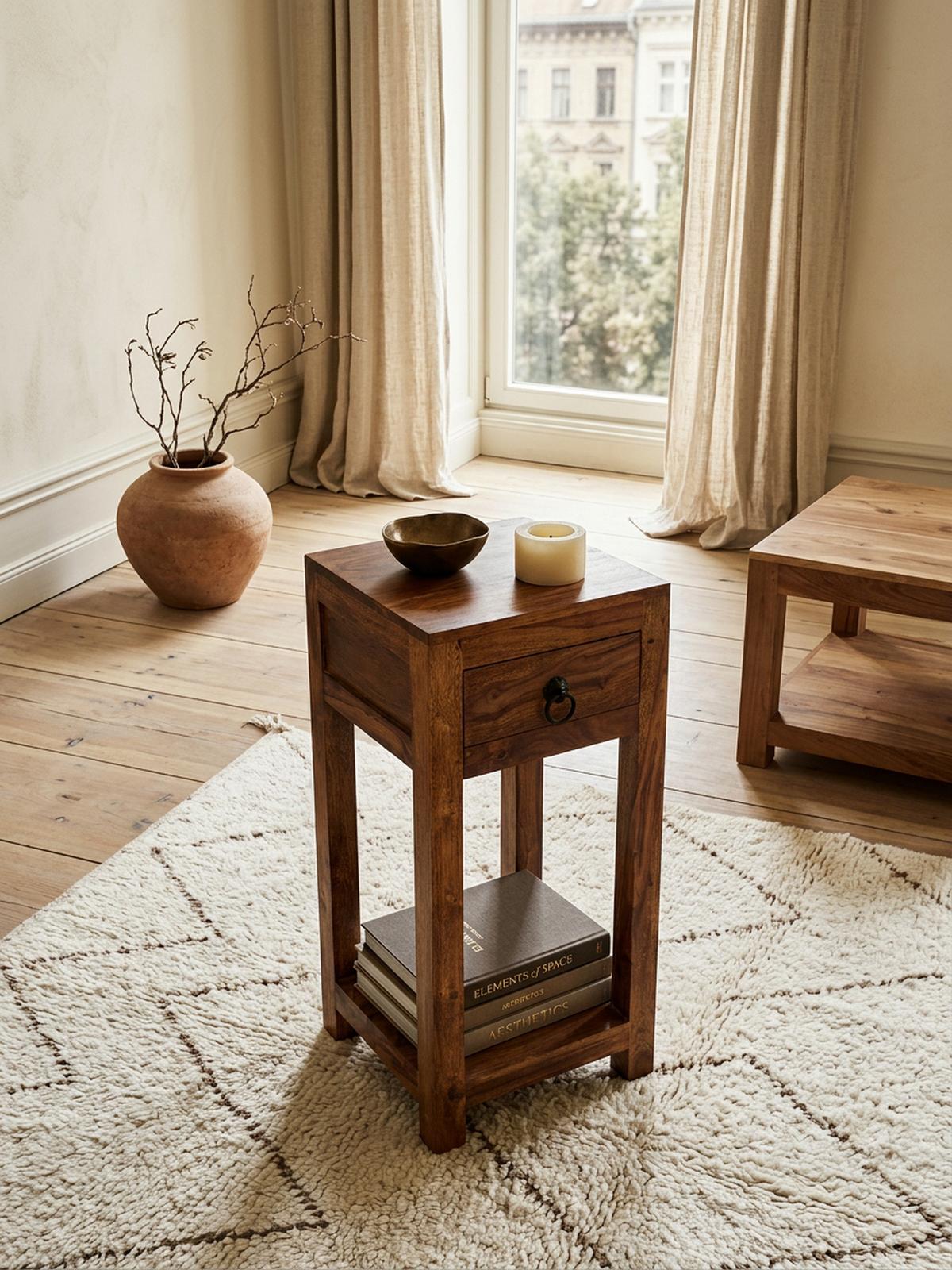 BEISTELLTISCH – Massivholz 30x30x68 cm mit Ablage und Schublade handgefertigt - Braun, Holz (30/30/68cm) - KADIMA DESIGN
