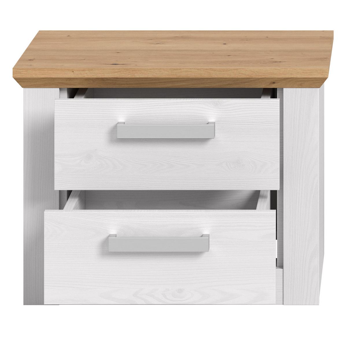 NACHTTISCH weiß Lärche, Eiche Artisan Landhaus 56 x 43 cm, Nachtkommode mit Schubkästen - Eichefarben/Silberfarben, Holzwerkstoff/Kunststoff (56/43/39cm) - Inn.Furn
