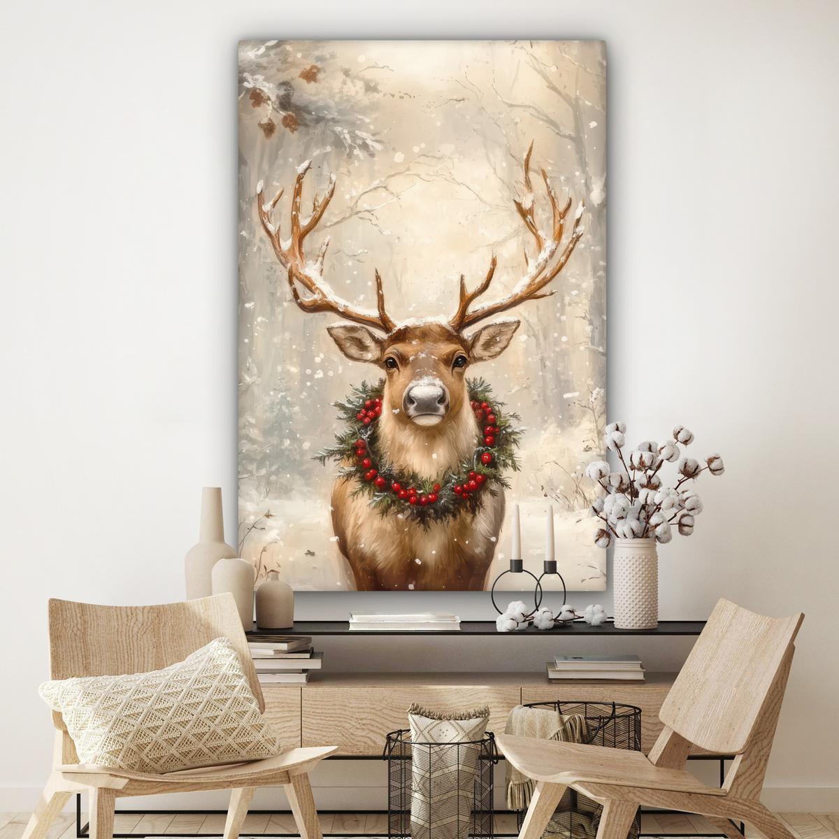 LEINWANDBILD Weihnachten - Rentier - Winter - Kranz Deko Groß 90x140 cm - Naturfarben, Textil (90/140cm) - MuchoWow