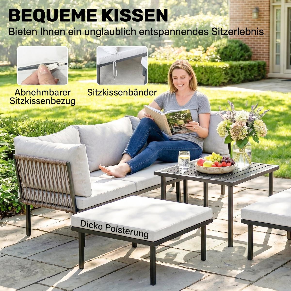 GARTENLOUNGE-SET 6er Set Metall Polyester Hellgrau - Hellgrau/Schwarz, Textil/Metall - Outsunny