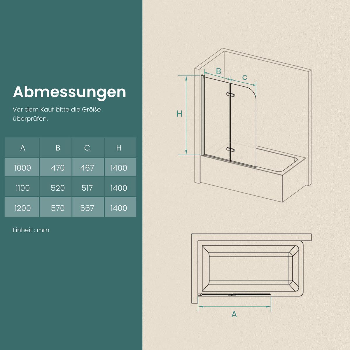 BADEWANNENAUFSATZ 3-teilig faltbar schwarz 120/140 cm - Schwarz, Glas (120/140cm) - EMKE