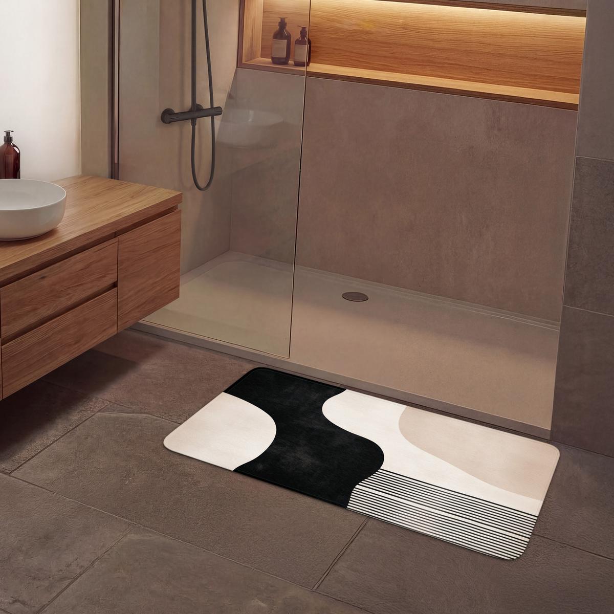 BADEMATTE Abstrakt - Japandi - Beige - Modern 120x60 cm - Beige/Schwarz, Textil (120/60cm) - OnlyWow