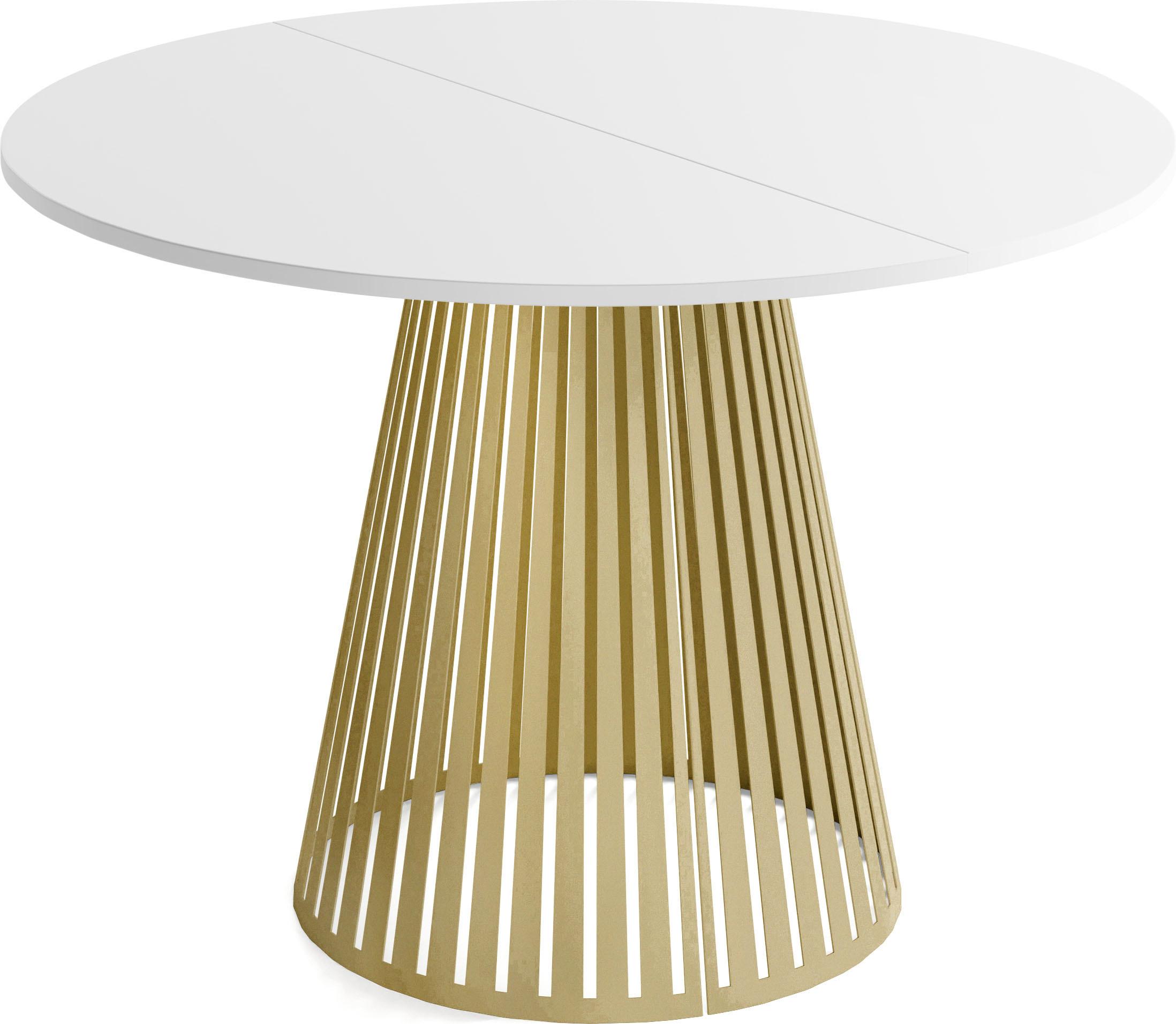 ESSTISCH Naro rund ausziehbar mit Goldenem Lamellen-Metallgestell, Weiß 120-200/120/76 cm - Goldfarben/Weiß, Holzwerkstoff/Metall (120/196/76cm) - WFL GROUP