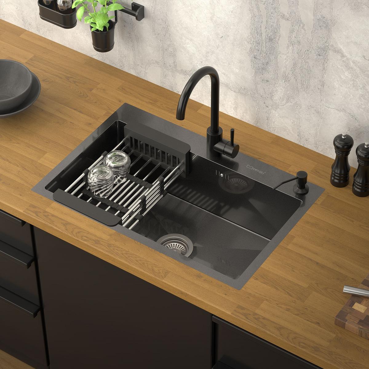 SPÜLBECKEN aus Edelstahl 68x45 cm Anthrazit mit Siphon und Seifenspender - Anthrazit, Metall (45/19/68cm) - ML-DESIGN