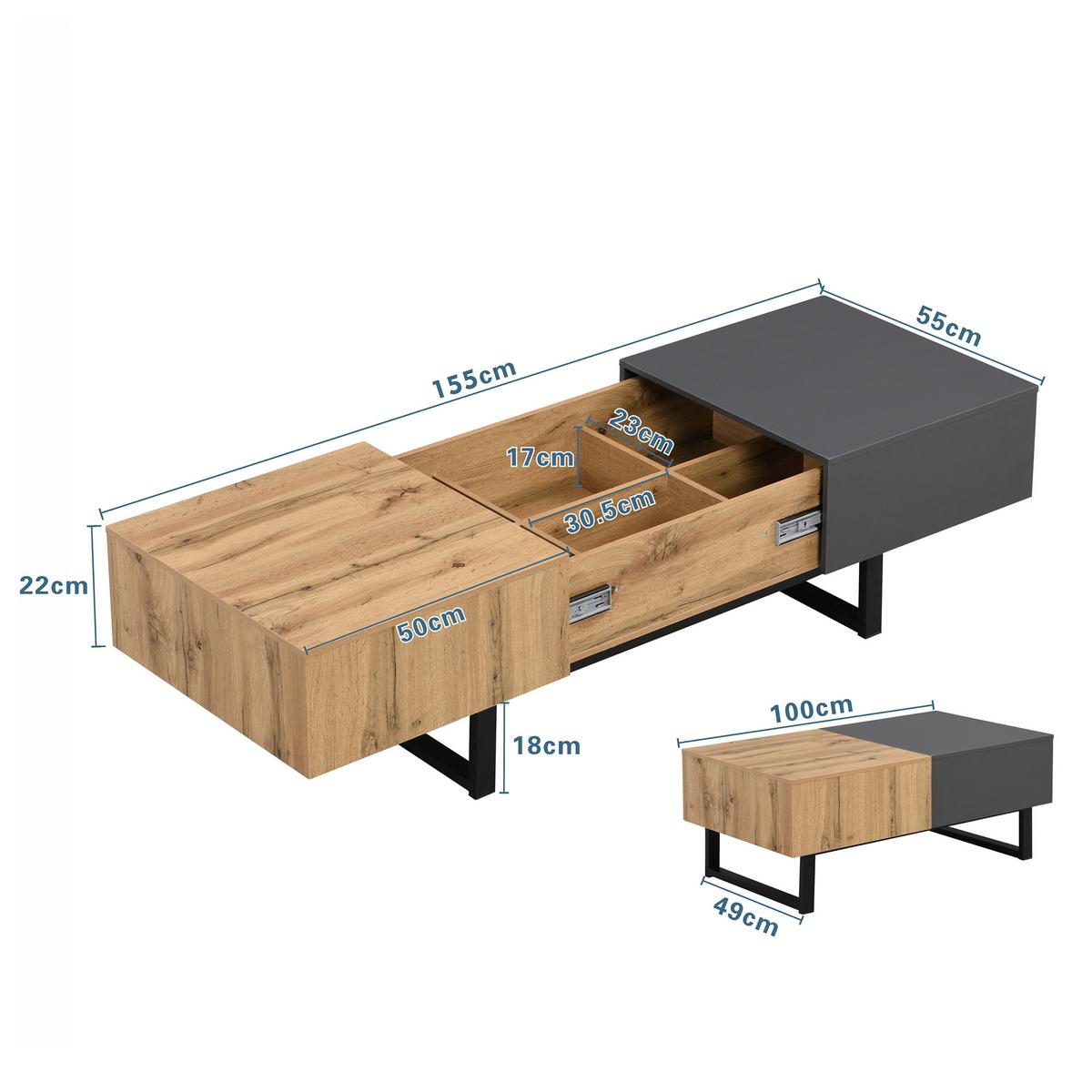COUCHTISCH ausziehbar in Holz & Anthrazit - Dunkelbraun, Holzwerkstoff (55/100/40cm) - Urban Meuble