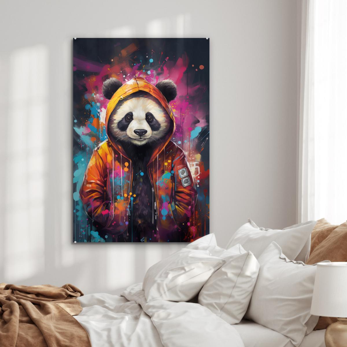 ACRYLGLASBILD Panda - Jacke - Graffiti - Orange 80x120 cm - Orange, Glas (80/120cm) - MuchoWow