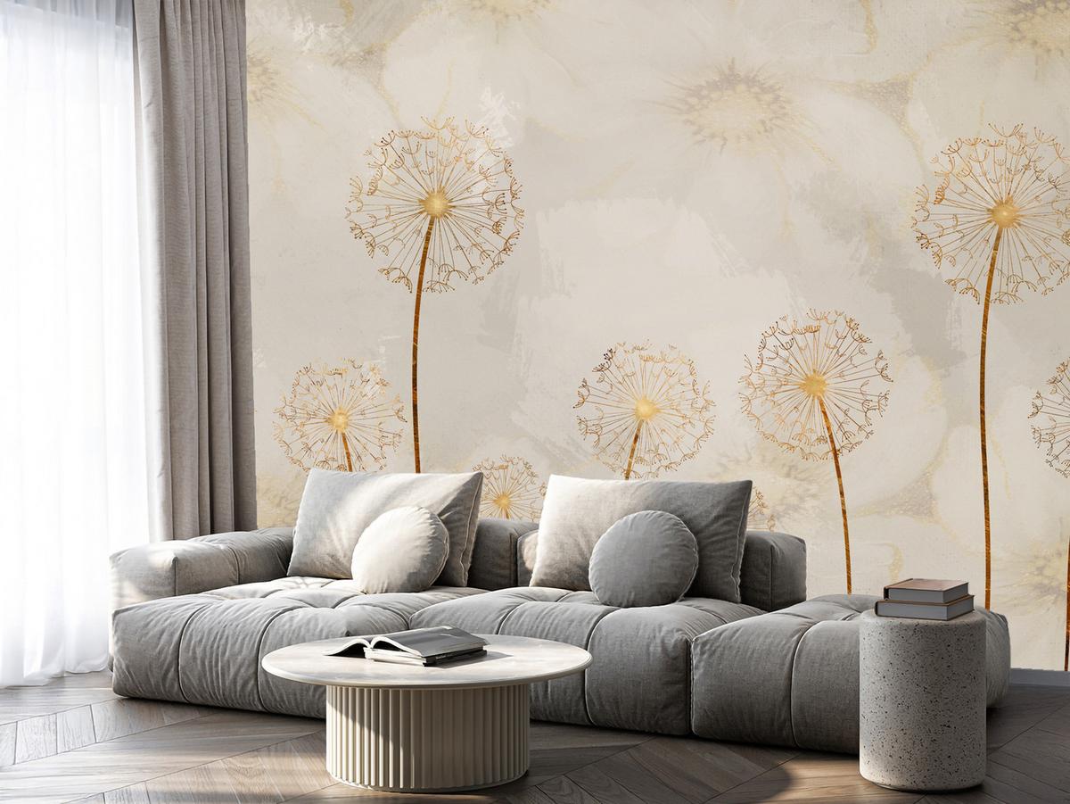 FOTOTAPETE für Schlafzimmer Goldene Löwenzahn Aquarell Blumen 400x280 - Gelb/Beige, Papier (400/280cm) - Muralo